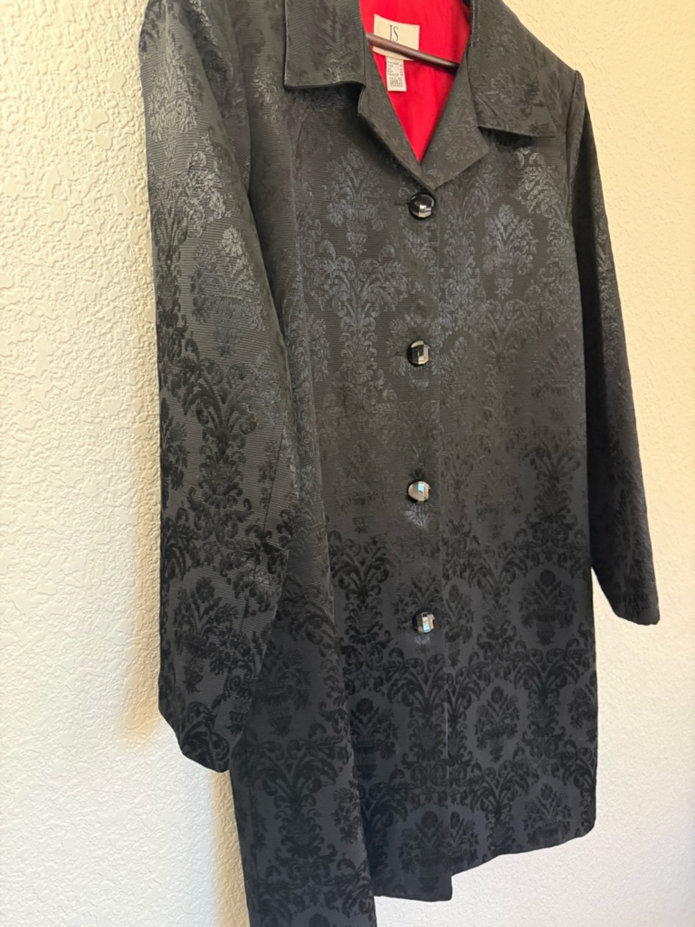 Elegant Black Jacquard Coat | Size 16 | Red‎ Lined Glam Evening Statement Jacket - Picture 5 of 15